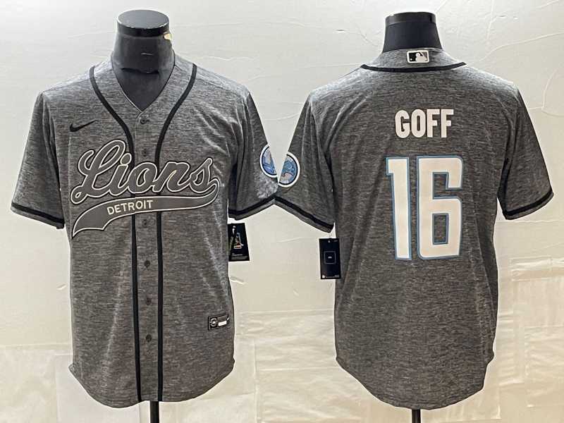 Mens Detroit Lions #16 Jared Goff Grey Gridiron With Patch Cool Base Baseball Limited Jersey->->